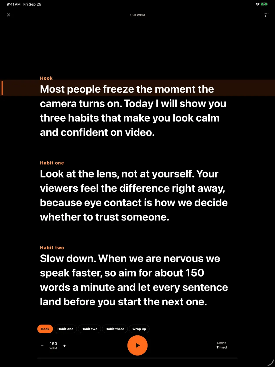 Talkzy screenshot: an iPad in prompter-only mode, large white text on a black background in a wide column, with section labels above each paragraph.