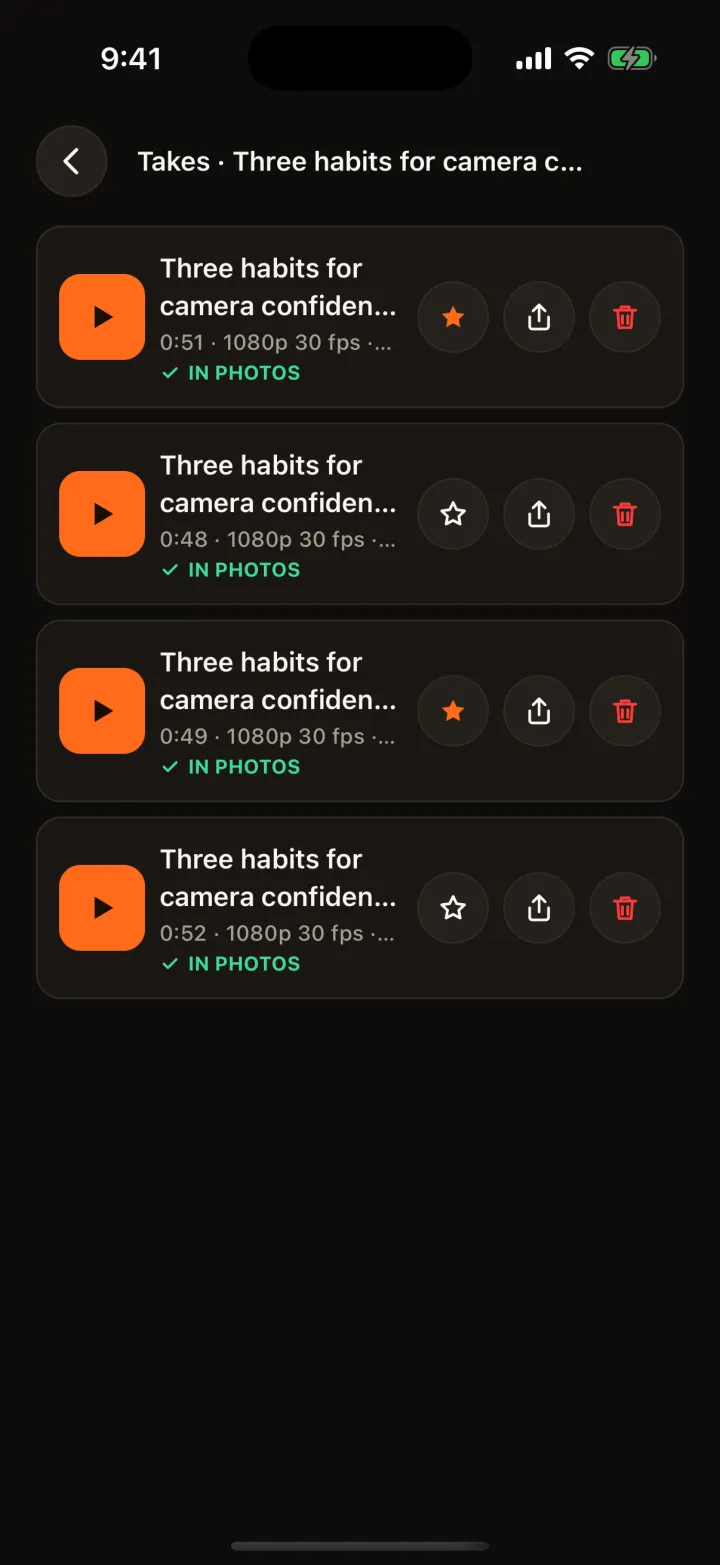 Talkzy screenshot: the takes of one script, each with its length, resolution and frame rate, a star, share and delete buttons, and a note that it is in Photos.