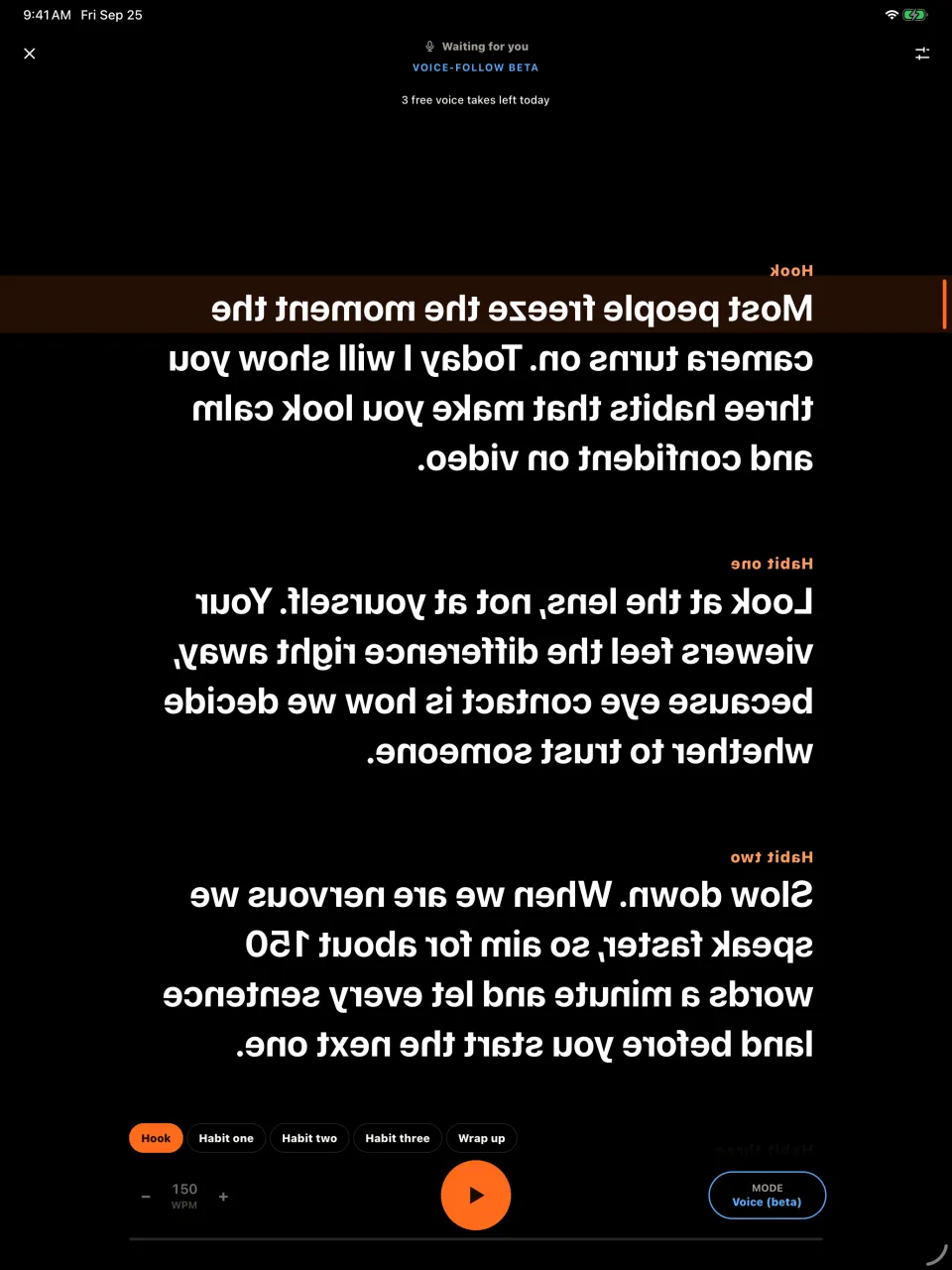 Talkzy screenshot: an iPad in prompter-only mode showing the script mirrored left to right, with the scroll mode set to Voice (beta)