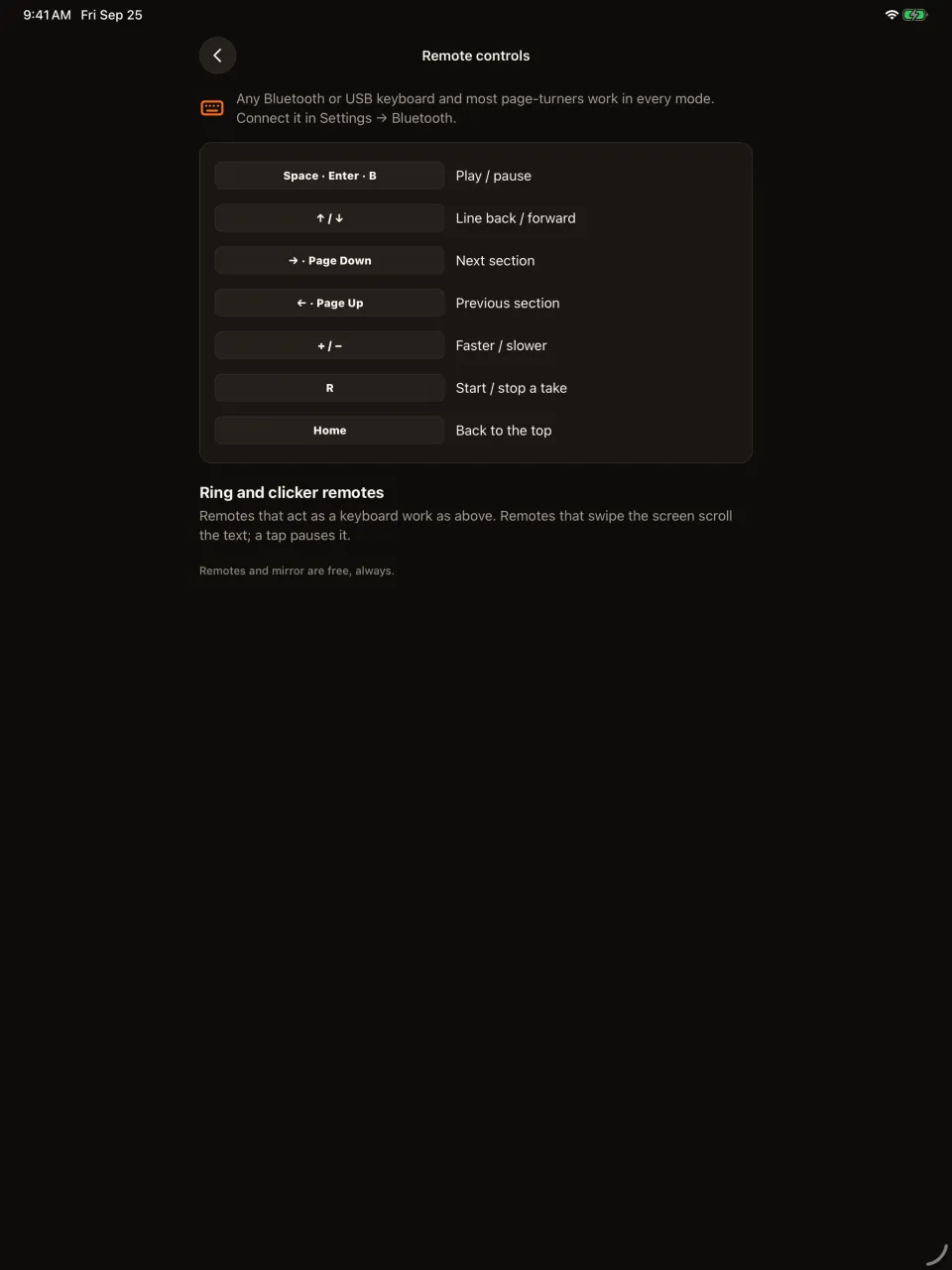 Talkzy screenshot on iPad: the Remote controls screen listing keys: Space, Enter or B to play or pause, up and down arrows for a line, right arrow or Page Down for the next section, left arrow or Page Up for the previous section, plus and minus for speed, R to start or stop a take, Home to go back to the top.