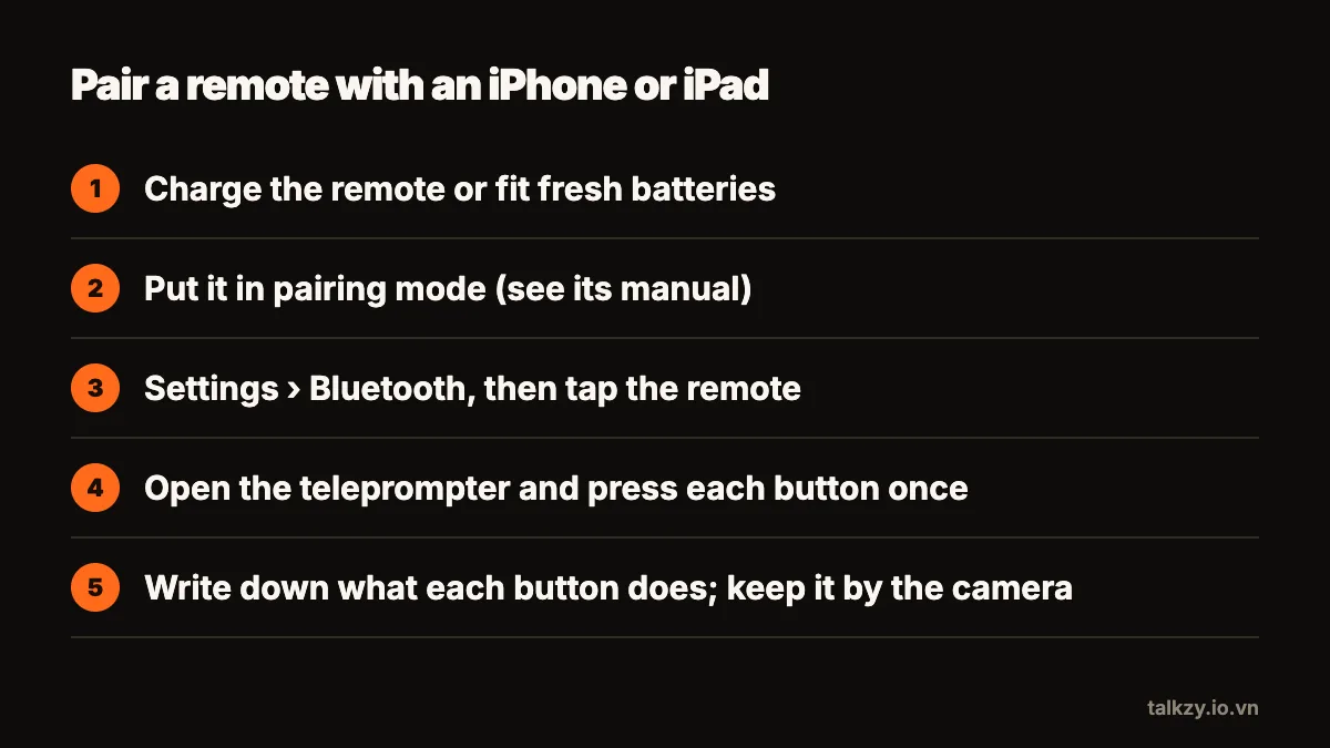 Diagram: five steps to pair a remote — charge it, put it in pairing mode, tap it in Settings › Bluetooth, press each button once in the teleprompter, and note what each button does.