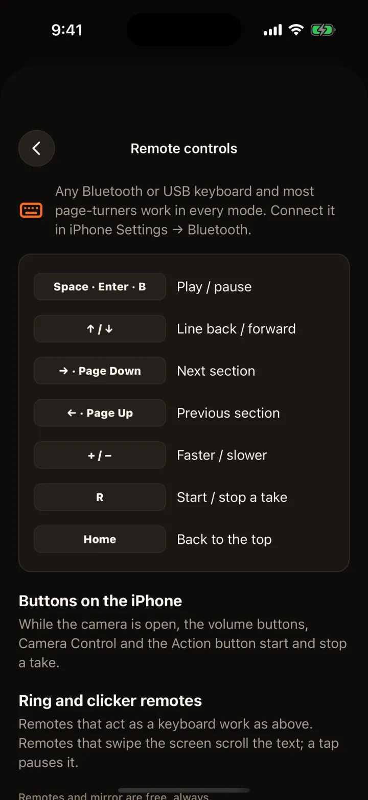 Talkzy screenshot: the Remote controls screen listing keys and what they do — Space, Enter or B to play and pause, arrows for line and section, plus and minus for speed, R to start or stop a take, Home to go back to the top.