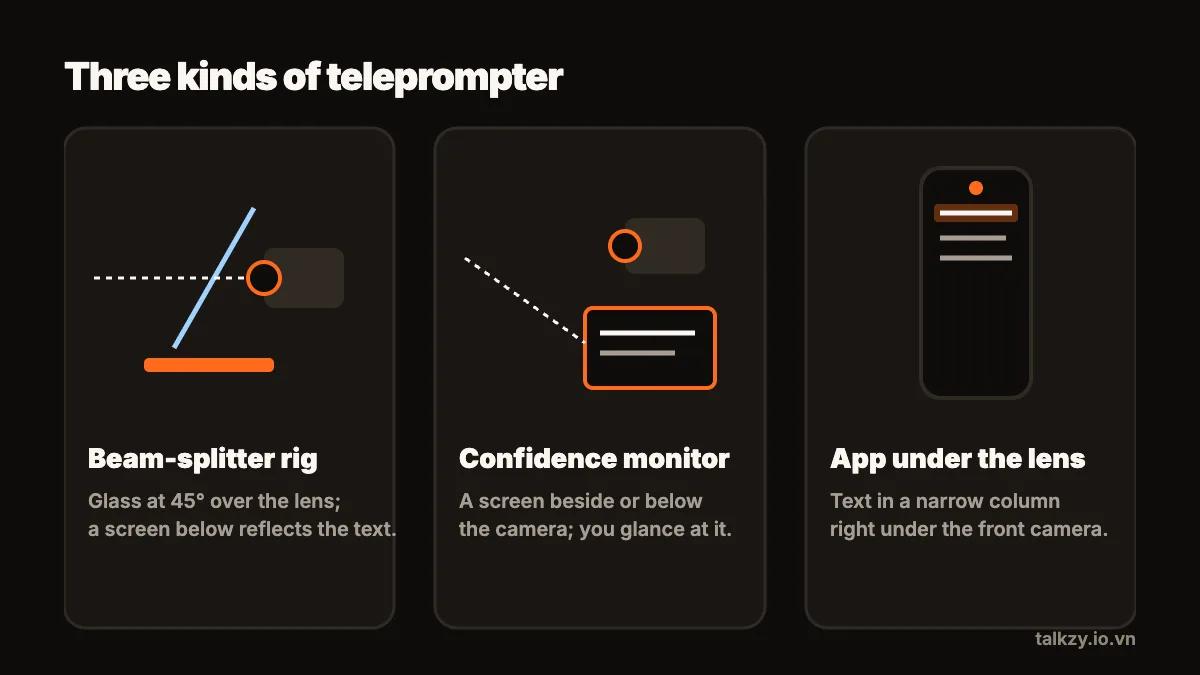 Diagram: three kinds of teleprompter — a beam-splitter rig with glass at 45° over the lens and a screen below, a confidence monitor beside the camera, and an app showing the script in a column right under a phone’s front camera